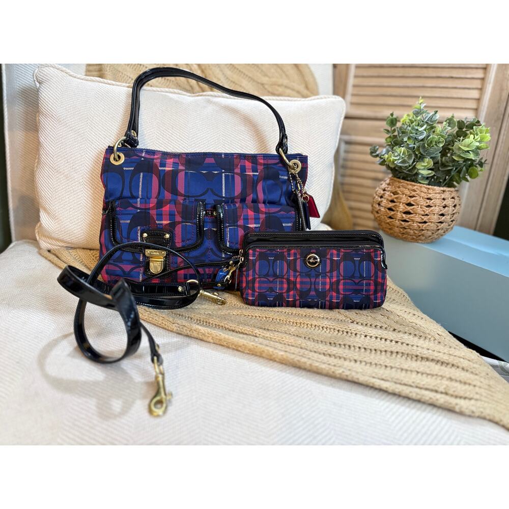Coach Blue and Pink Signature Plaid Crossbody Bag with Wristlet